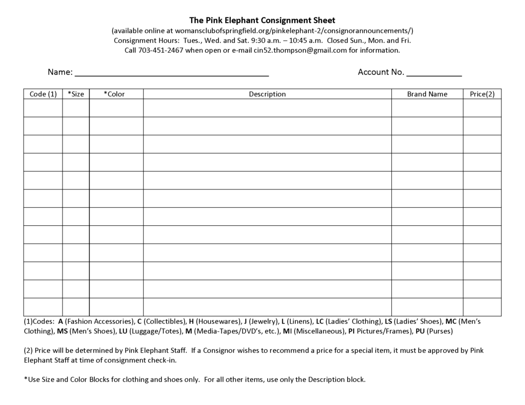 Consignment Sheet | Woman's Club of Springfield, VA.